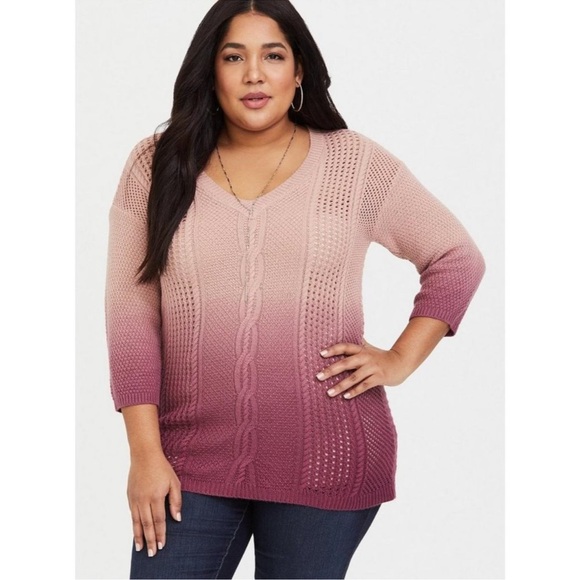 torrid Sweaters - Torrid | Open Knit Dip Dye V-Neck Tunic Sweater Pink Ombre | 00 (M/L)